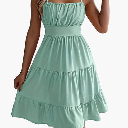 Robe d'été femme style décontracté à bretelles fines, volants, allure vacances