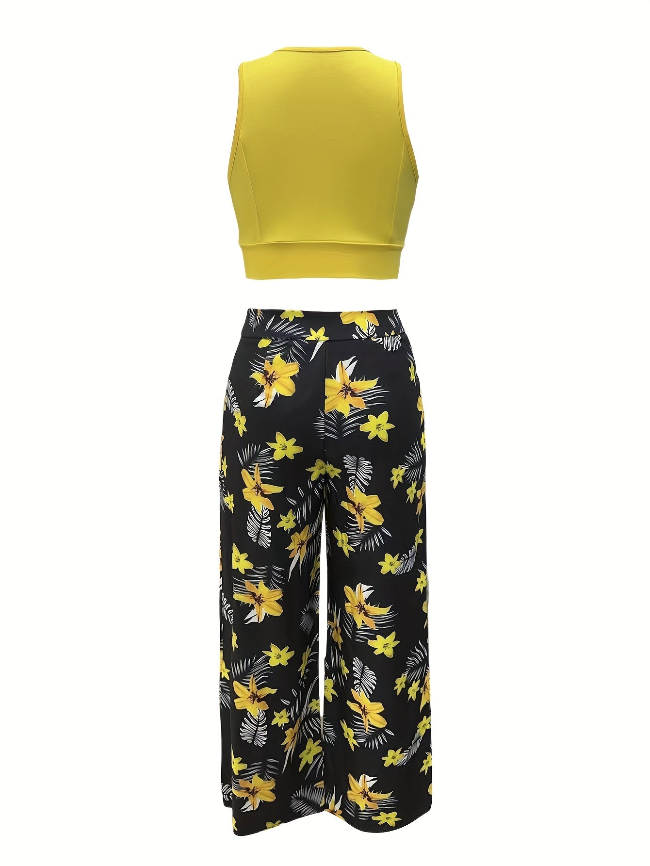 Damesensemble met lange rok met split en tropische print en elegante cropped top voor de zomer