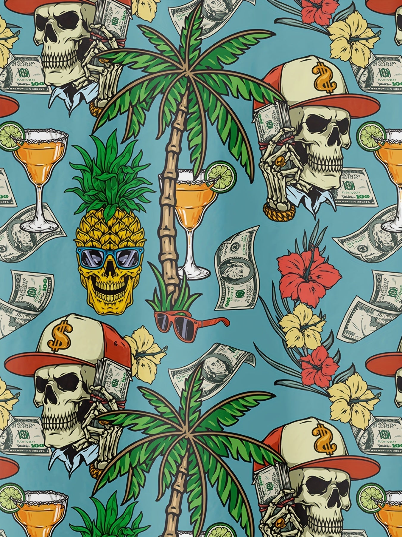 Hawaiihemd für Herren mit tropischem Motiv, Totenkopf und Dollarzeichen – lässiger Sommer-, Strand- und Urlaubsstil  