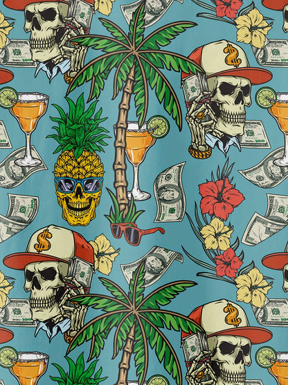 Hawaiihemd für Herren mit tropischem Motiv, Totenkopf und Dollarzeichen – lässiger Sommer-, Strand- und Urlaubsstil  