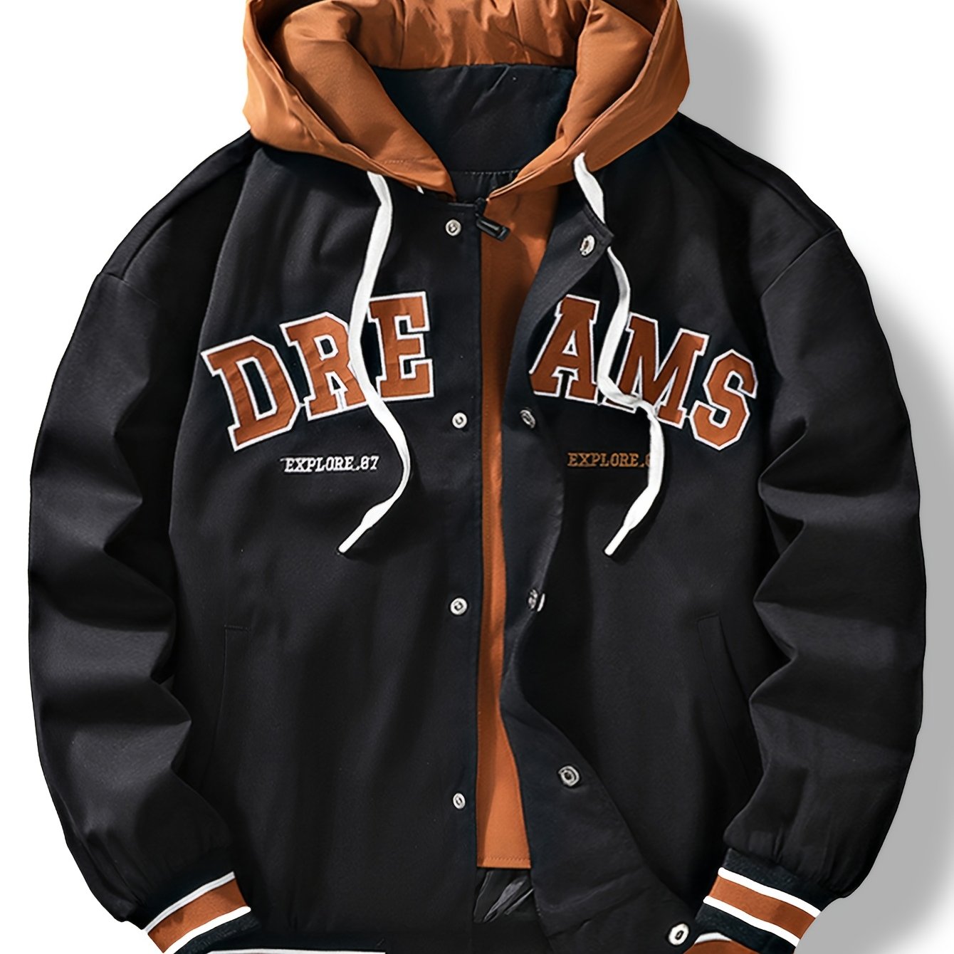 Veste universitaire bicolore blanche et marron pour homme avec capuche et inscription "DREAMS"