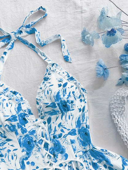 Sommerkjole til kvinder i boheme-stil med flæser, halterneck, blomsterprint, ideel til aftener og fester