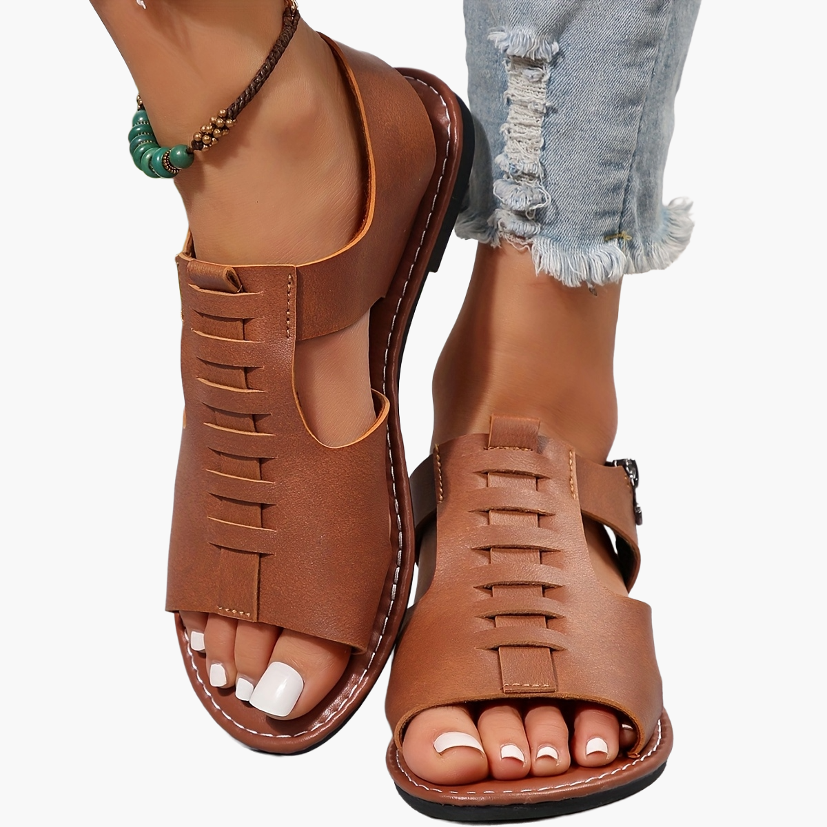 Sandales plates d'été pour femme style gladiateur à bout ouvert avec fermeture éclair