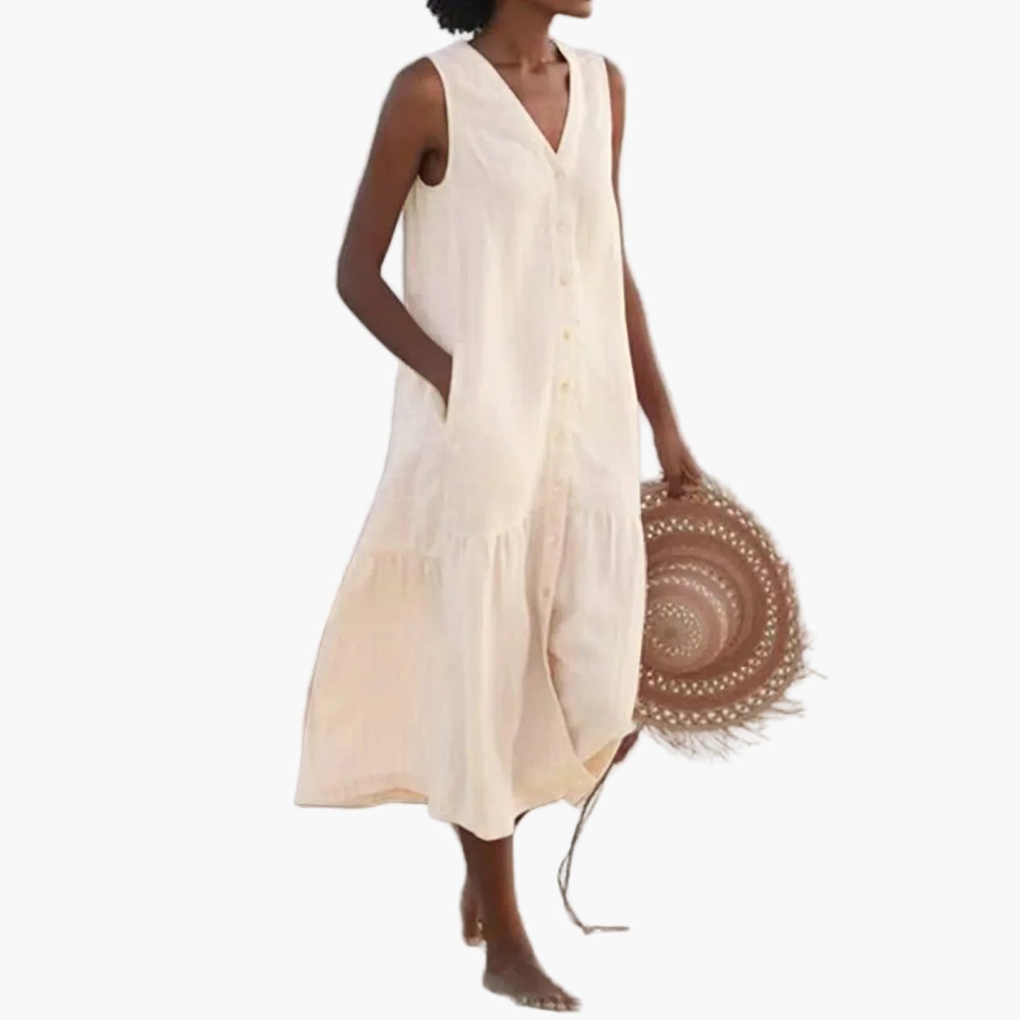 Robe d'Été Décontractée Femme Sans Manches Boutonnée, Style Plage et Vacances