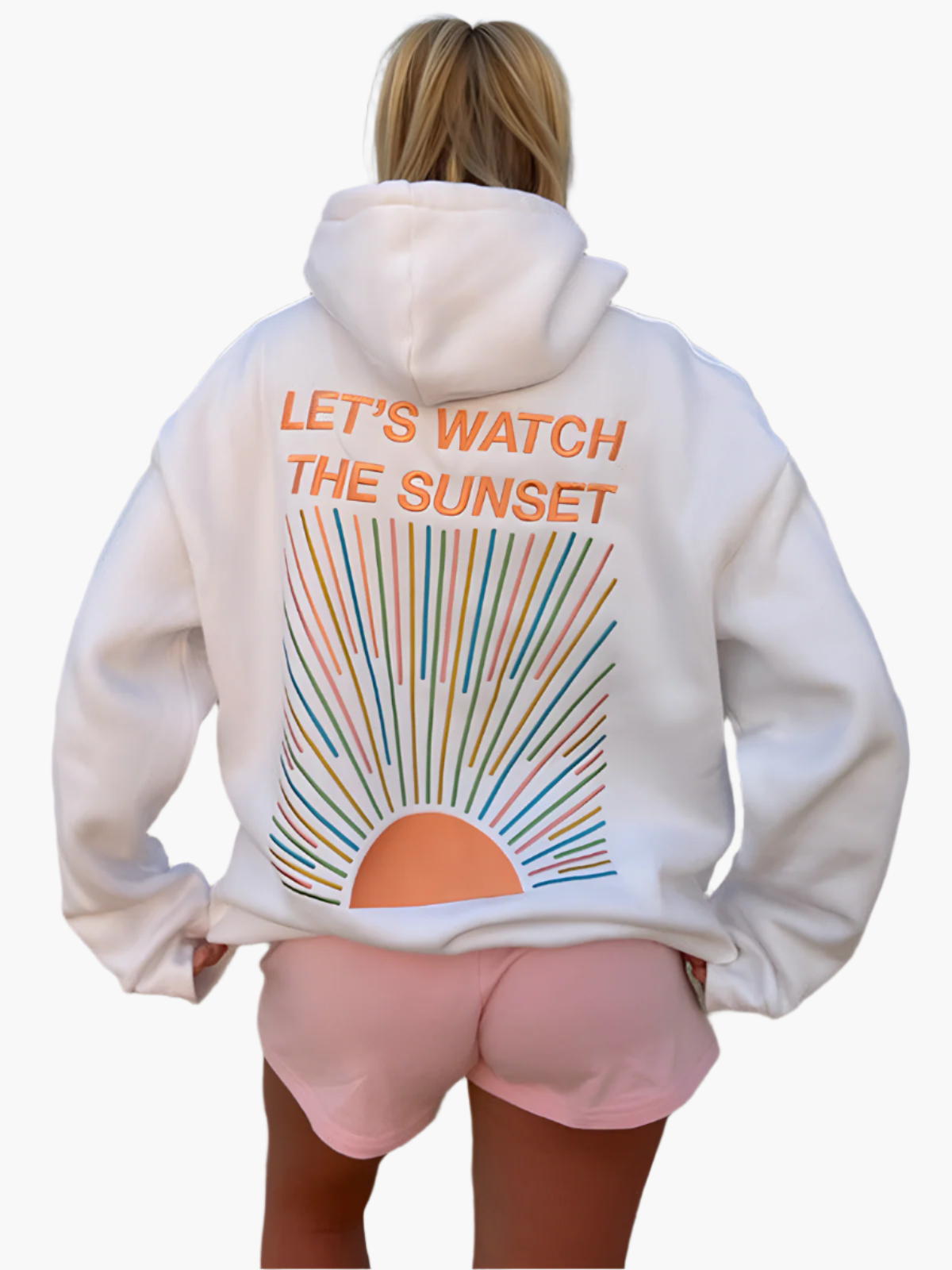 Felpa con Cappuccio Oversize Donna Stile Casual Messaggio 'Let's Watch the Sunset' Ideale per Spiaggia e Tempo Libero