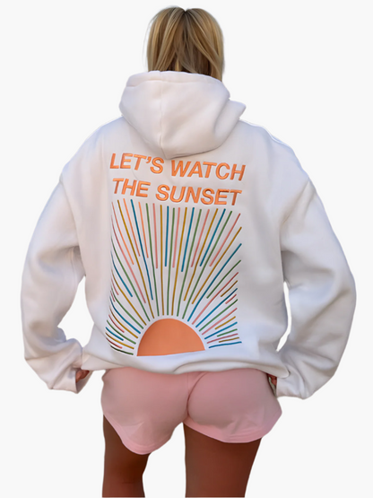 Felpa con Cappuccio Oversize Donna Stile Casual Messaggio 'Let's Watch the Sunset' Ideale per Spiaggia e Tempo Libero
