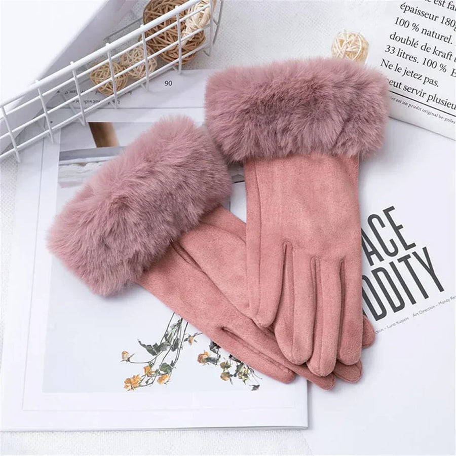 Gants Femme Hiver Aspect Suédé avec Bordure Fausse Fourrure Rose Poudré
