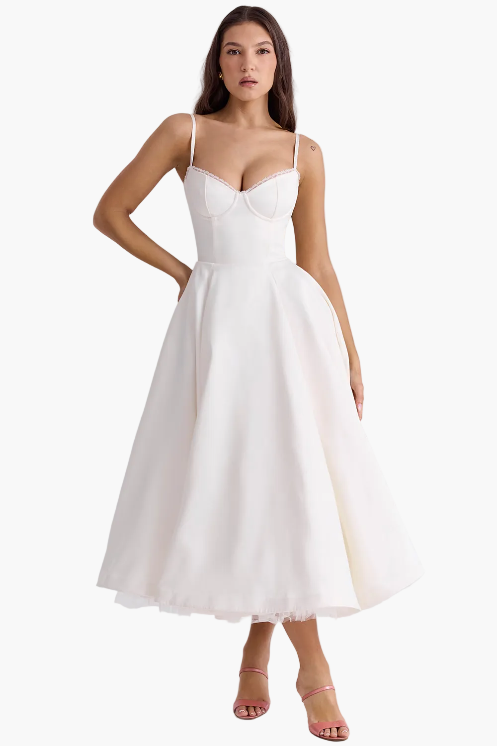 Robe de soirée élégante femme style princesse bustier jupe midi évasée