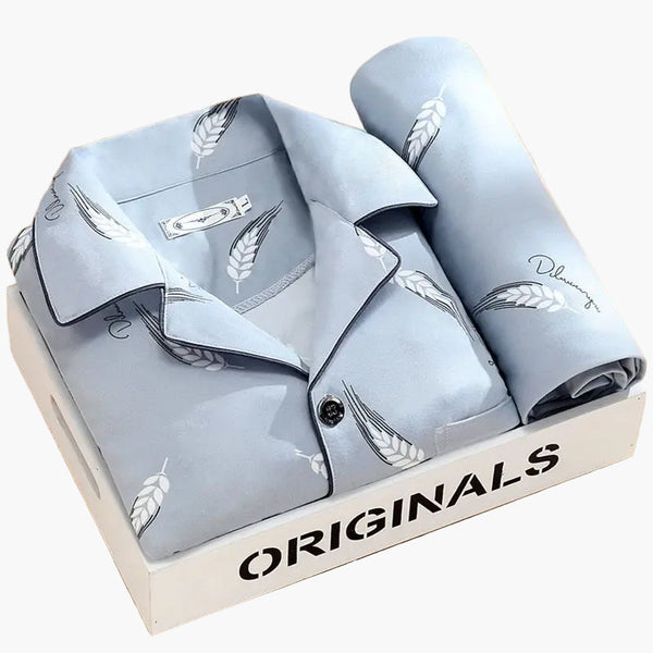 Pyjama Homme Élégant Motif Plumes – Ensemble Confort Nuit et Détente
