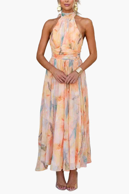 Robe longue d'été femme – style maxi élégant à imprimé artistique, col halter, idéale pour occasions spéciales