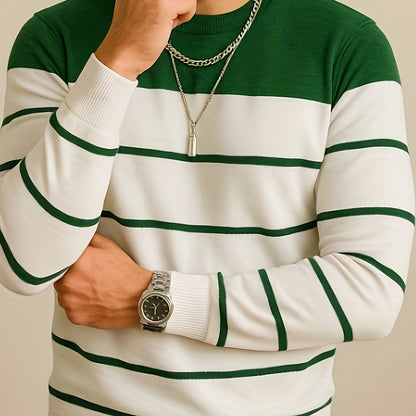 Pull Homme à Col Rond Rayé Vert Blanc Manches Longues Décontracté