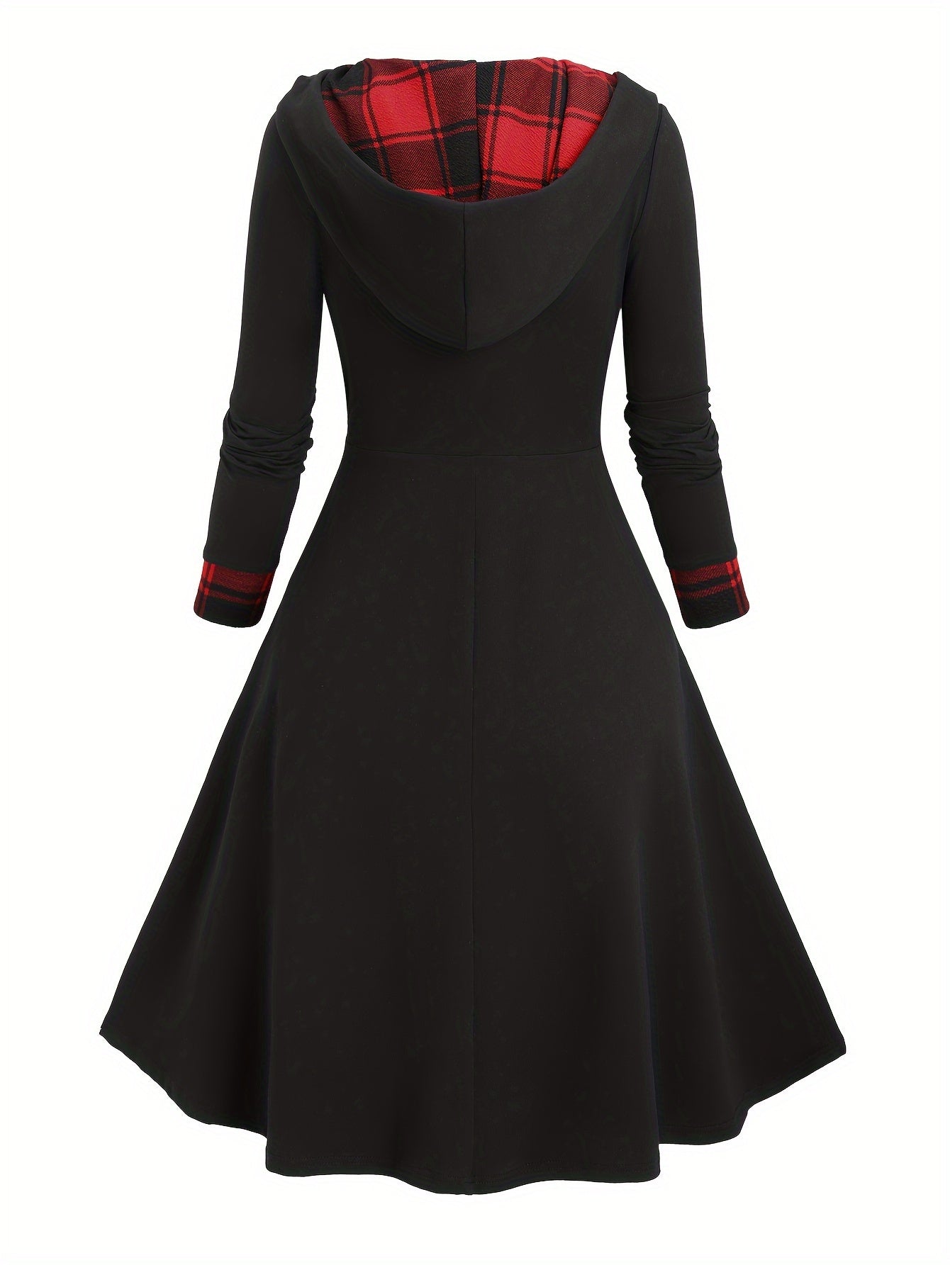Robe à capuche femme asymétrique noire et à carreaux bicolores avec boutons décoratifs