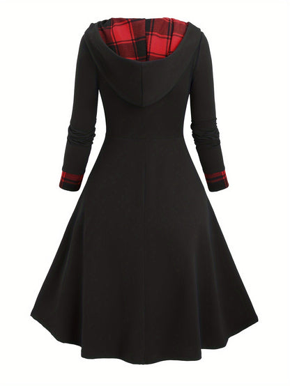 Robe à capuche femme asymétrique noire et à carreaux bicolores avec boutons décoratifs