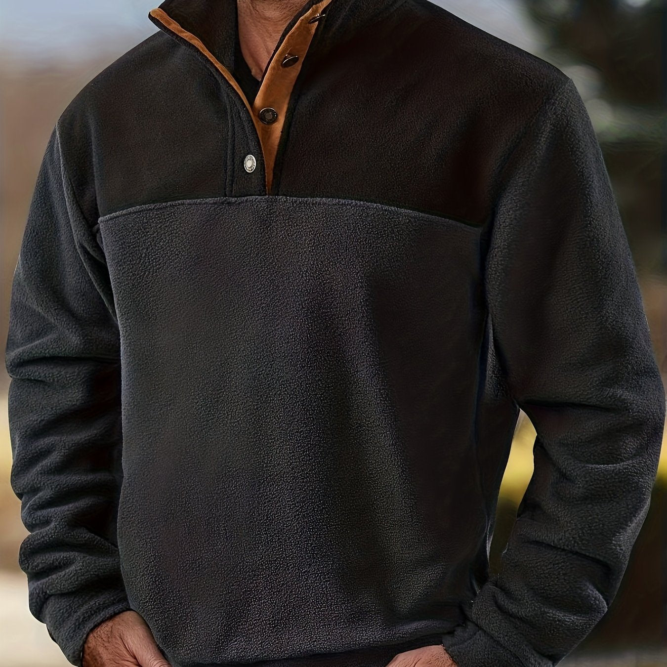 Pull Homme en Polaire Bicolore avec Col Montant et Boutons à Pression