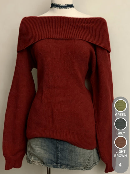 Pull Femme Épaules Dénudées Vert Kaki Tricot Doux Col Rabattu
