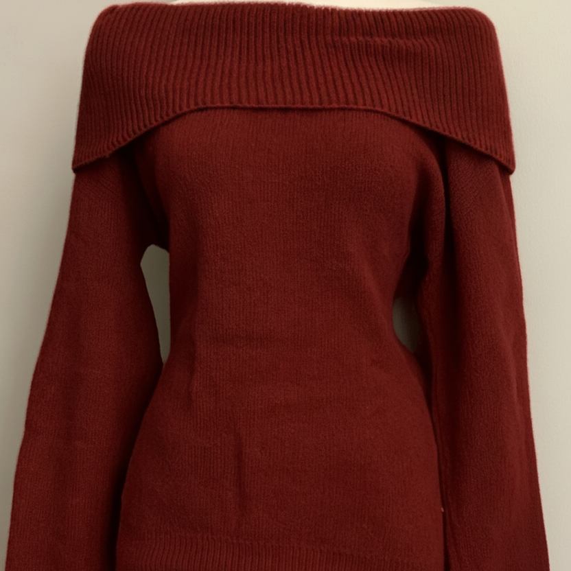 Pull Femme Épaules Dénudées Vert Kaki Tricot Doux Col Rabattu