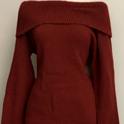 Pull Femme Épaules Dénudées Vert Kaki Tricot Doux Col Rabattu