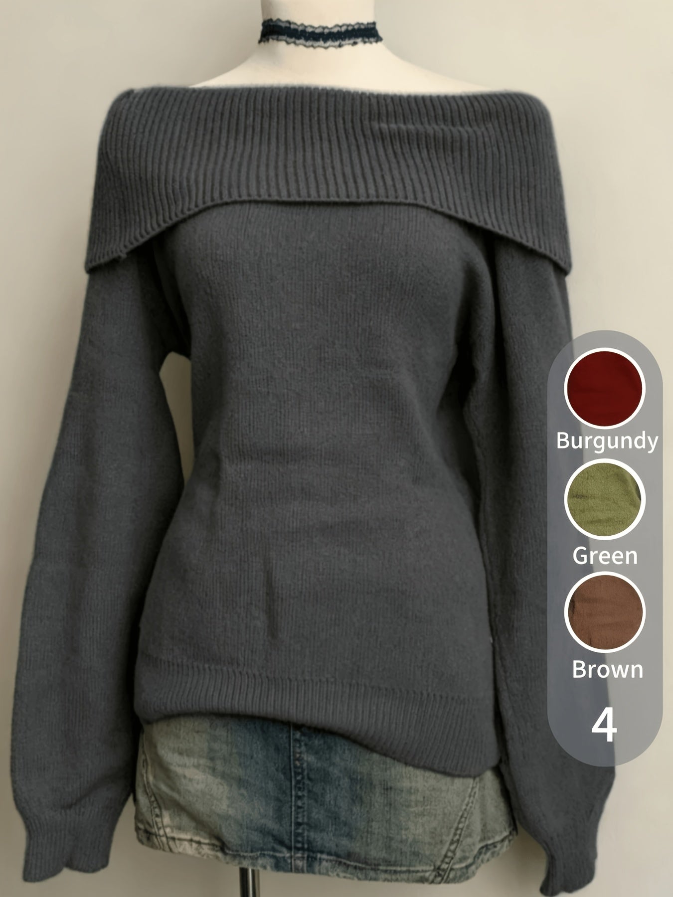 Pull Femme Épaules Dénudées Vert Kaki Tricot Doux Col Rabattu