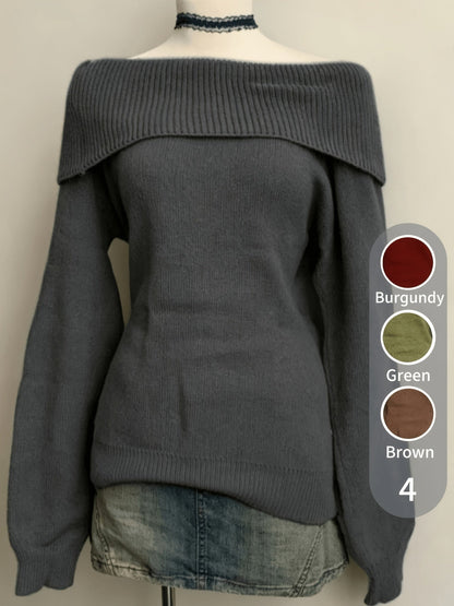 Pull Femme Épaules Dénudées Vert Kaki Tricot Doux Col Rabattu