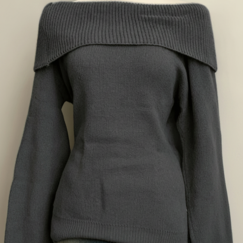 Pull Femme Épaules Dénudées Vert Kaki Tricot Doux Col Rabattu