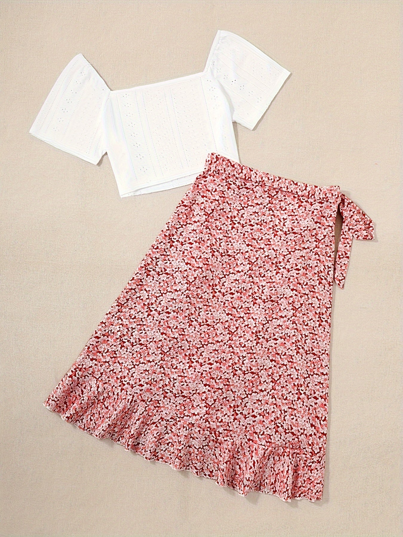 Women's Boho Chic Set – Short Sleeve Crop Top and Floral Wrap Skirt