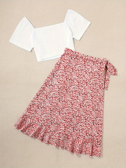 Women's Boho Chic Set – Short Sleeve Crop Top and Floral Wrap Skirt
