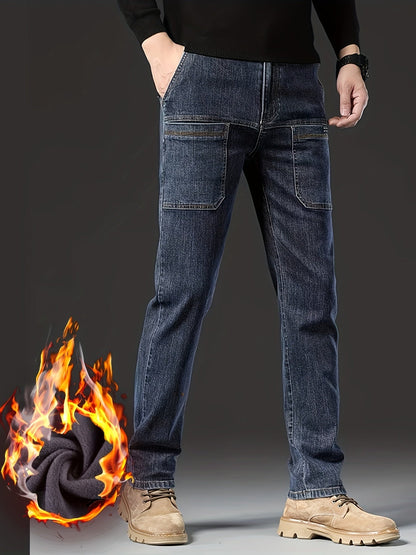 Jean Cargo Homme Hiver Doublé Polaire Coupe Droite Poches Multiples Couleur Unie