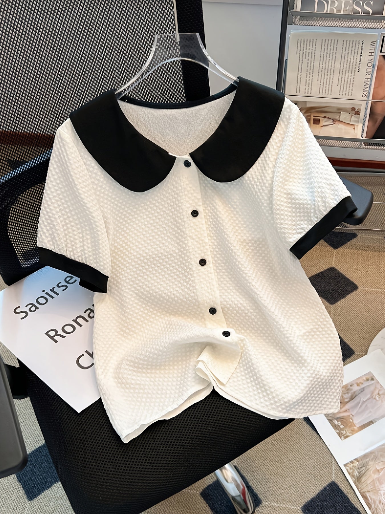 Blusa elegante para mujer con cuello Claudine estilo retro, mangas cortas, ideal para la oficina o salidas