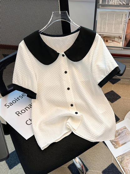 Blusa elegante para mujer con cuello Claudine estilo retro, mangas cortas, ideal para la oficina o salidas