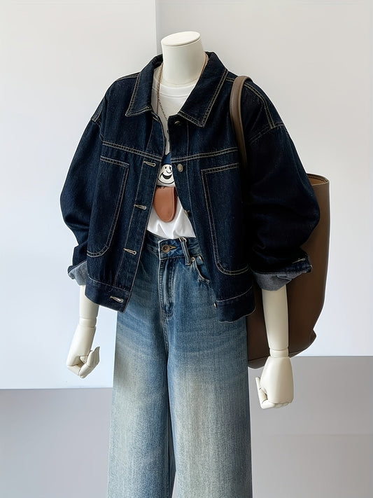 Veste en jean femme bleu foncé coupe courte et ample avec coutures apparentes
