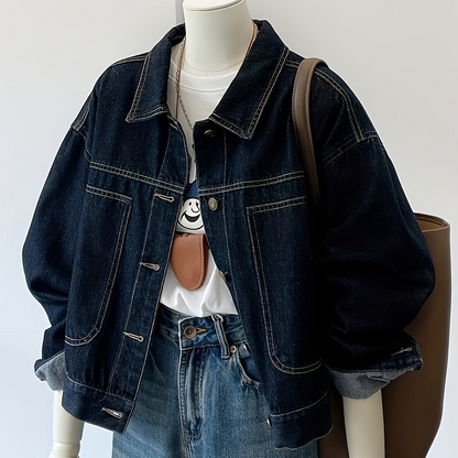 Veste en jean femme bleu foncé coupe courte et ample avec coutures apparentes