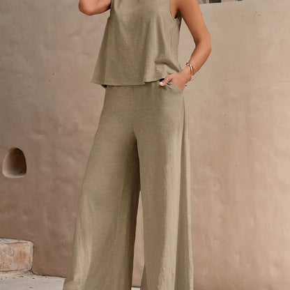 Ensemble décontracté femme – Pantalon large et haut sans manches, style élégant pour l'été