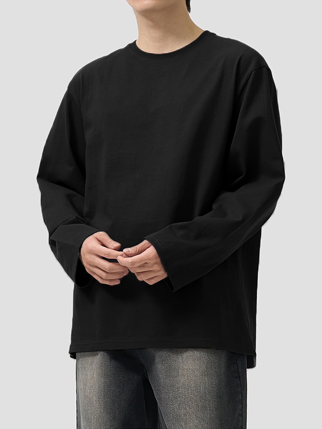 T-shirt Homme Manches Longues Uni Col Rond Ample Noir ou Blanc
