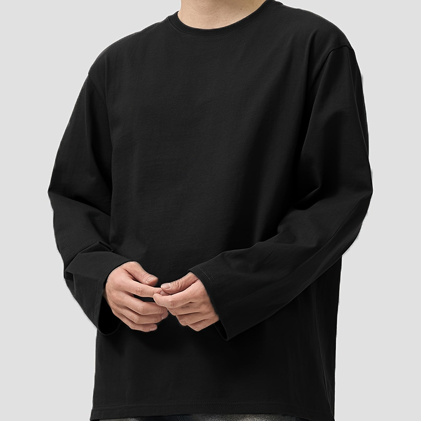T-shirt Homme Manches Longues Uni Col Rond Ample Noir ou Blanc