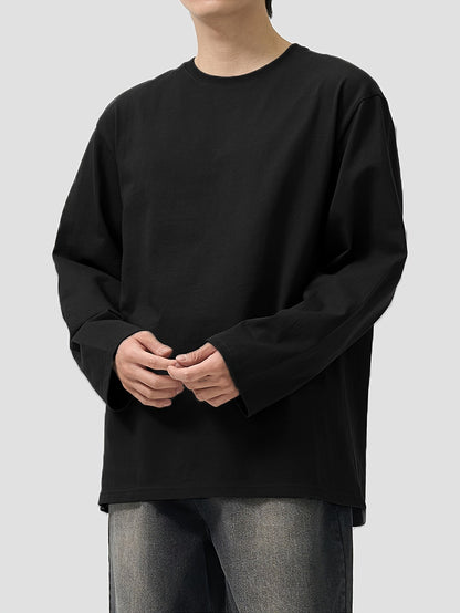 T-shirt Homme Manches Longues Uni Col Rond Ample Noir ou Blanc