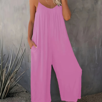 Mono holgado casual para mujer estilo verano con tirantes finos y bolsillos – Look chic y cómodo para vacaciones o ciudad