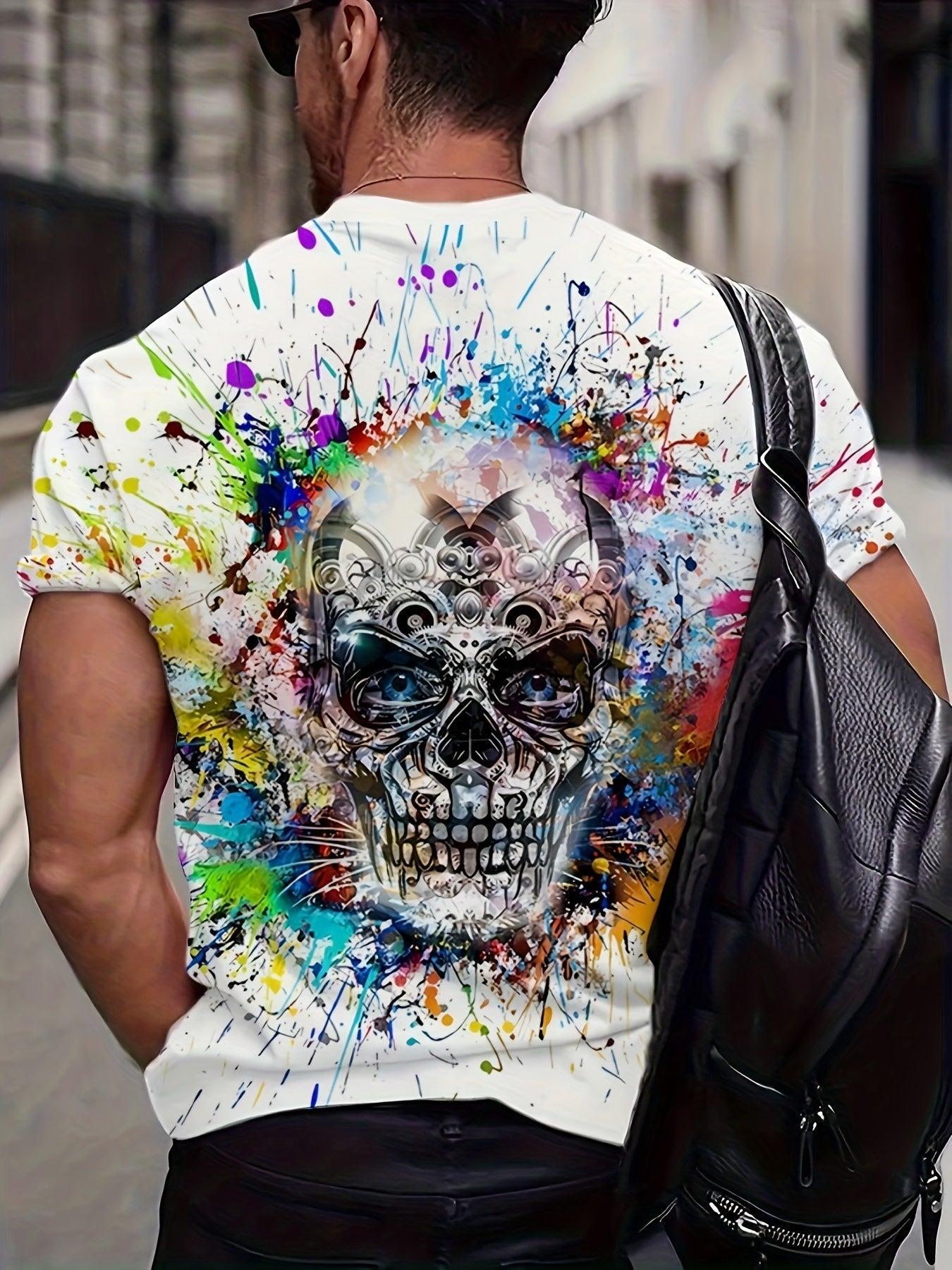 Herren T-Shirt große Größe urbaner Stil mit künstlerischem Totenkopf-Motiv