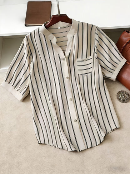 Chemise décontractée pour femme à manches courtes style boutonné col mao chic