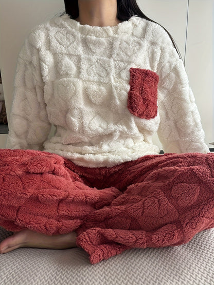 Pyjama Femme Doux Bicolore Motif Cœurs avec Poche Poitrine
