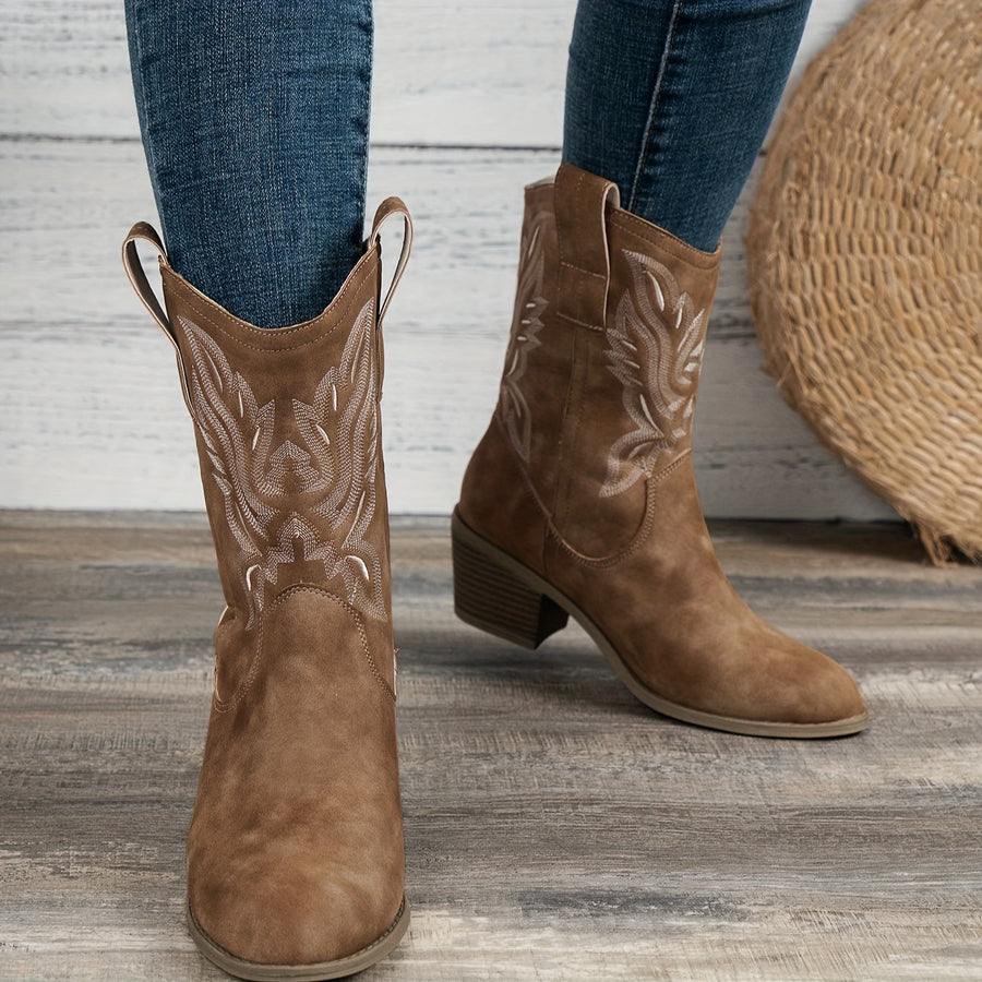 Westernstiefel für Damen im Cowboy-Stil, bestickt, mit Blockabsatz