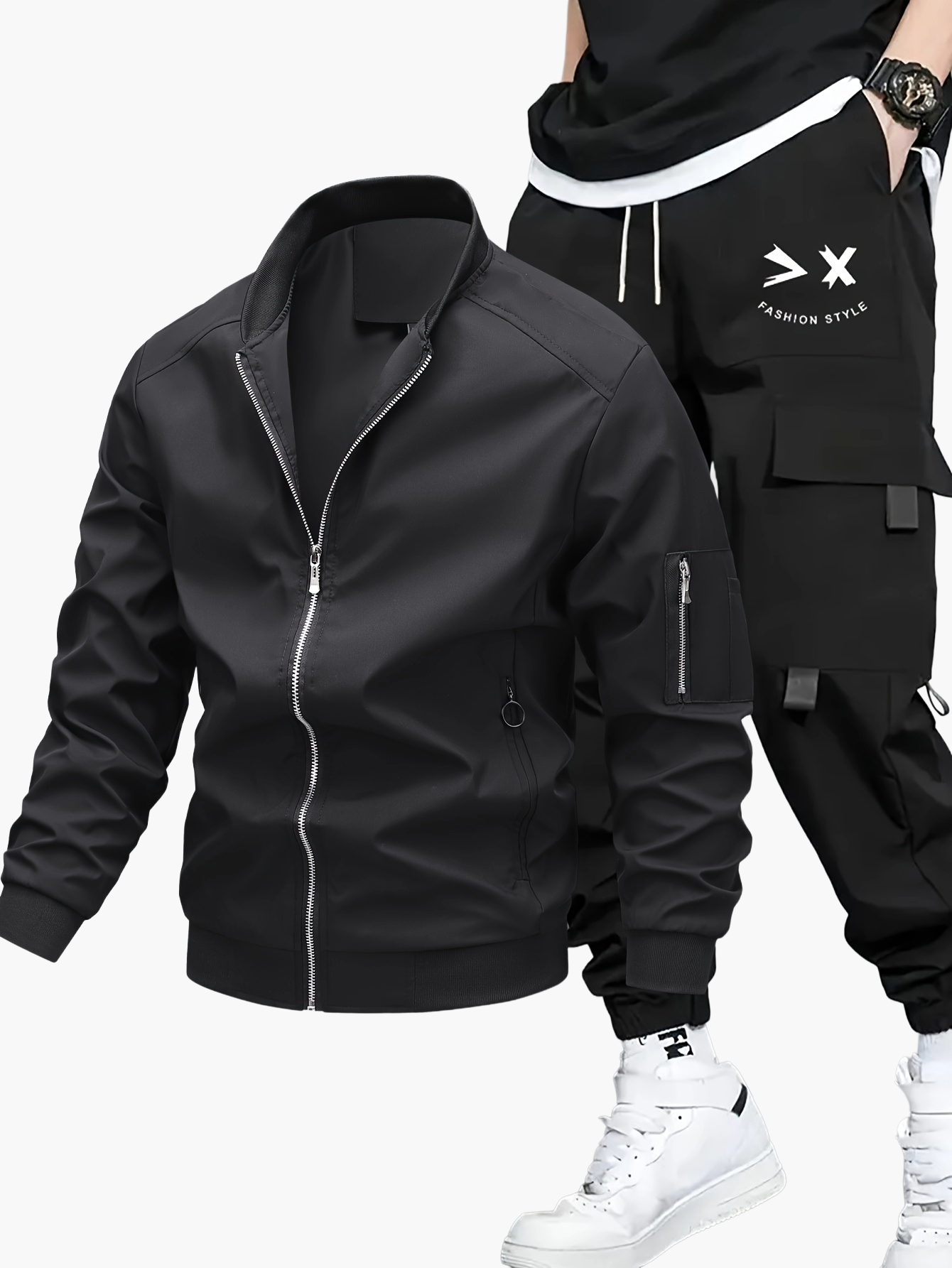 Ensemble décontracté pour homme, style urbain, veste bomber et pantalon cargo, idéal pour le printemps et l’automne