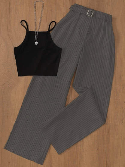 Ensemble femme élégant à rayures pour printemps/été, pantalon large et crop top chic