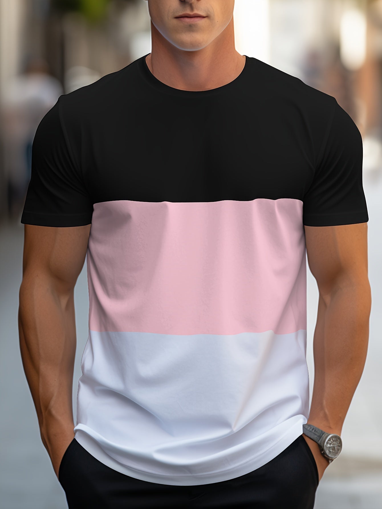 T-shirt Homme Style Décontracté à Bandes Contraste pour Usage Quotidien