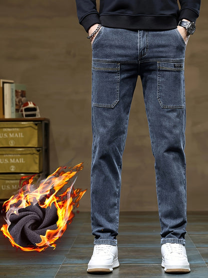 Jean Cargo Homme Hiver Doublé Polaire Coupe Droite Poches Multiples Couleur Unie