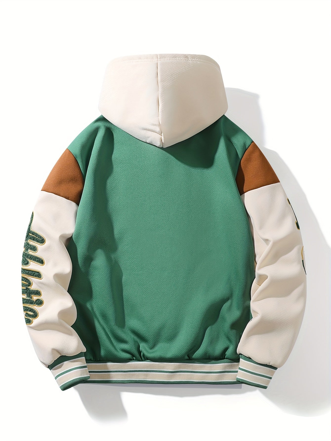 Blouson Teddy Homme Vert et Crème Doublé Capuche Style Universitaire
