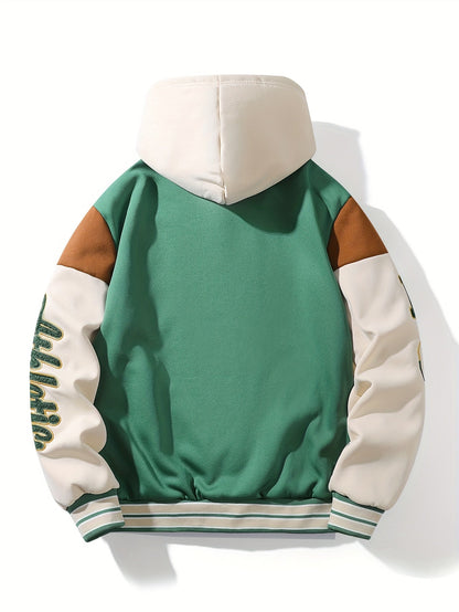 Blouson Teddy Homme Vert et Crème Doublé Capuche Style Universitaire
