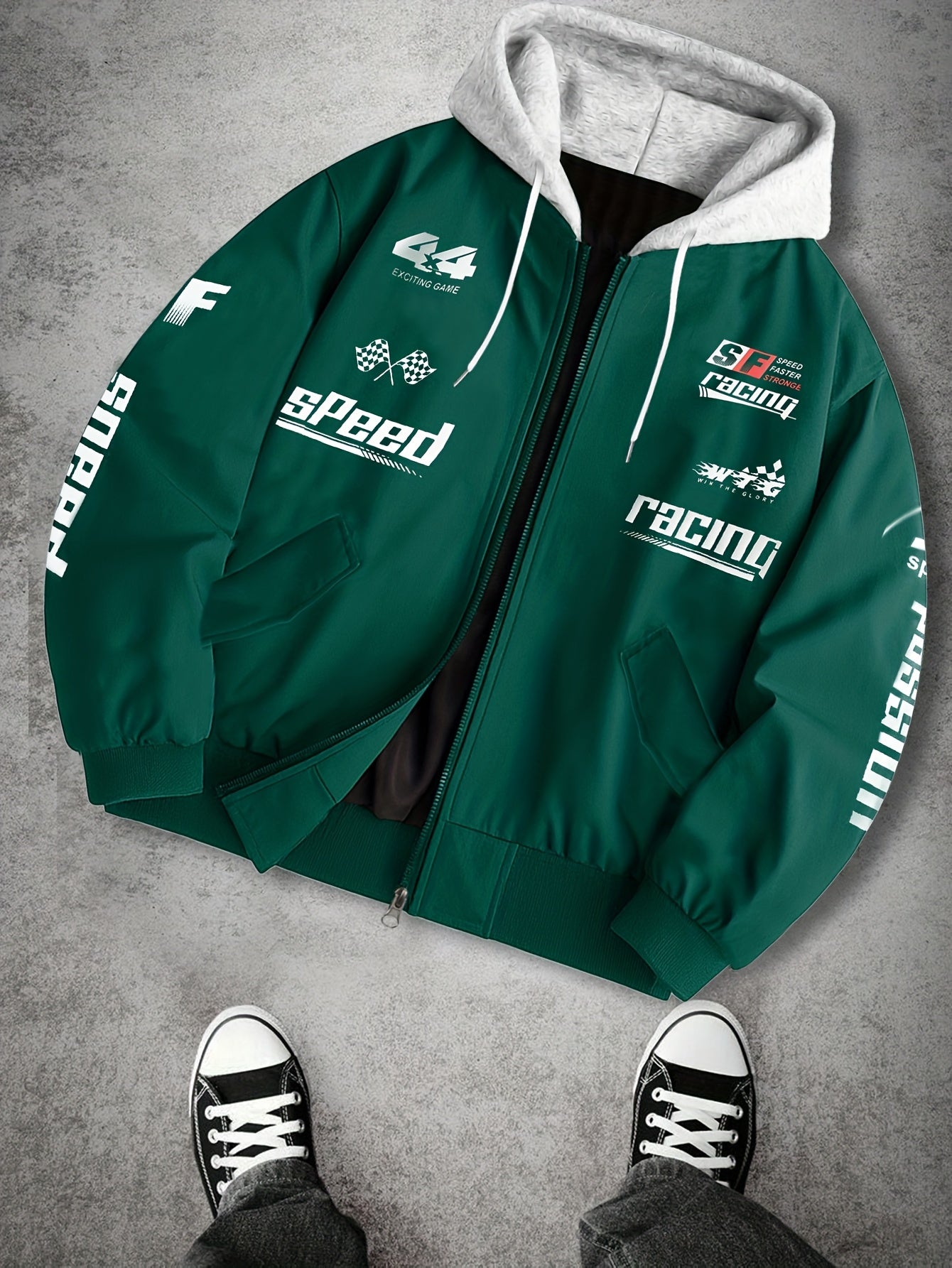 Blouson Bomber Homme Capuche Amovible Zippé avec Imprimés Racing Vert Clair