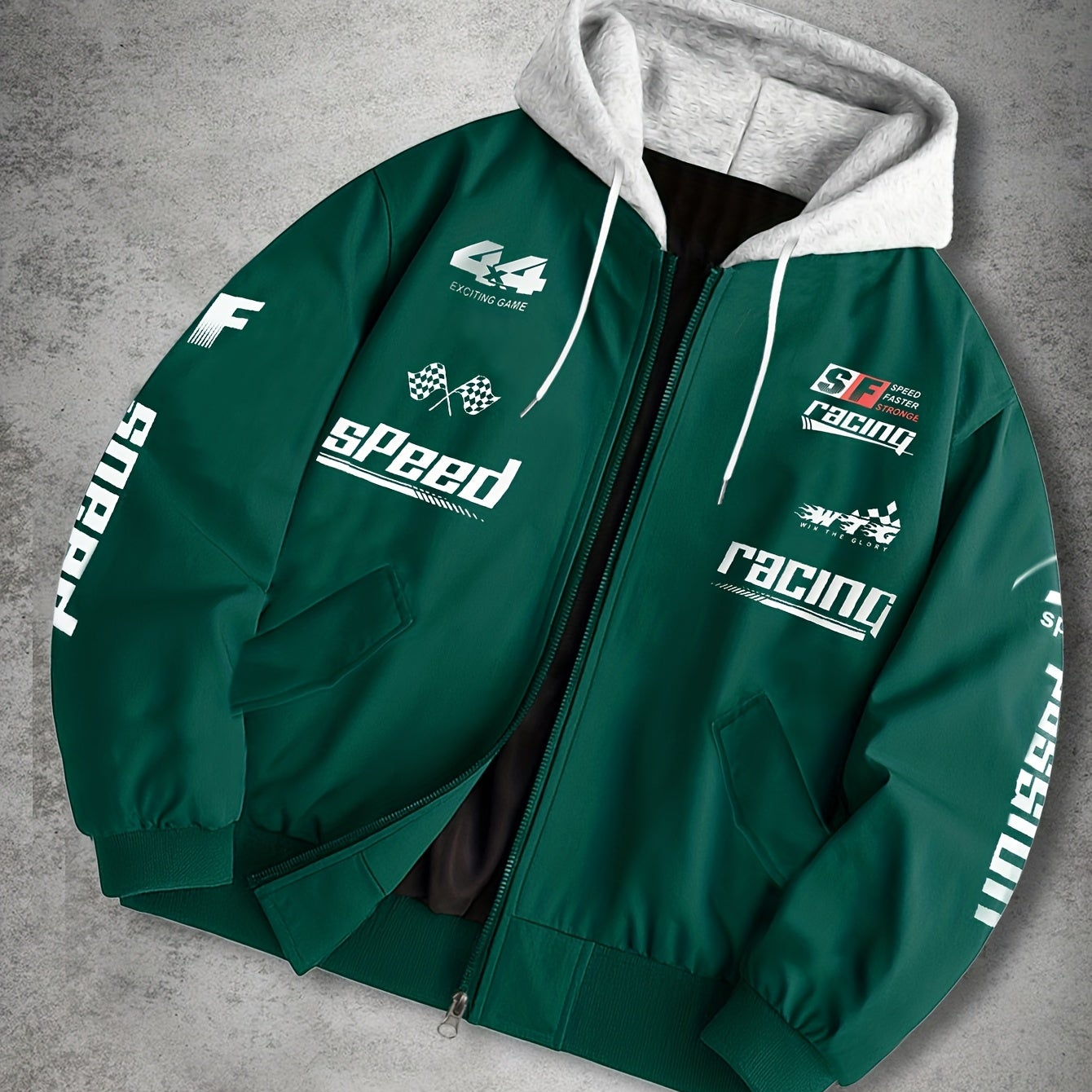 Blouson Bomber Homme Capuche Amovible Zippé avec Imprimés Racing Vert Clair