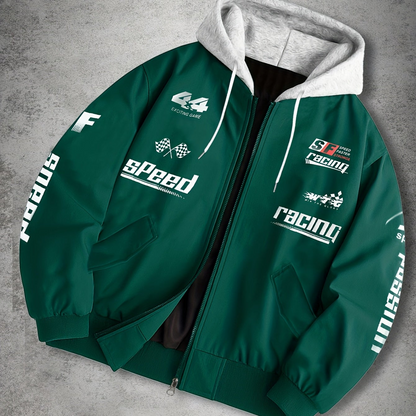 Blouson Bomber Homme Capuche Amovible Zippé avec Imprimés Racing Vert Clair