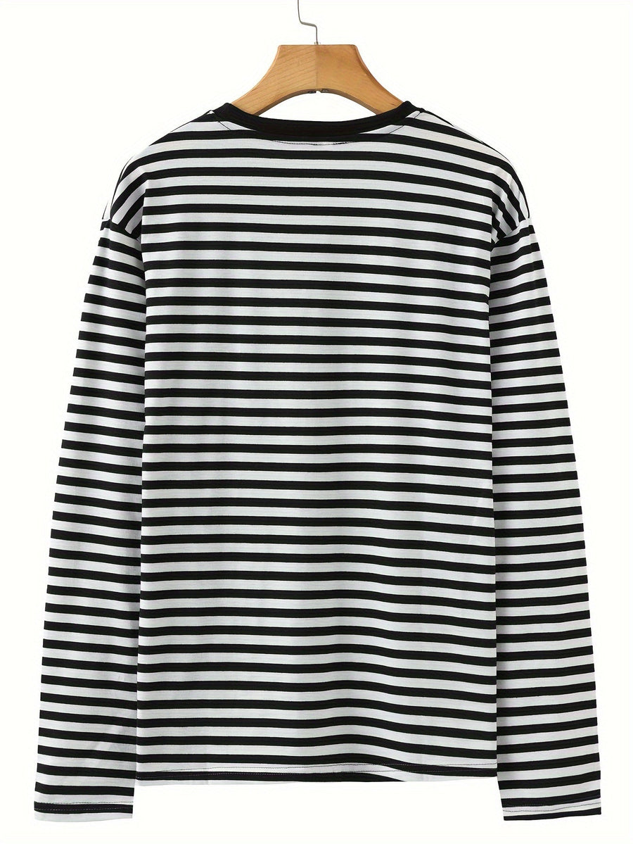 Blå og hvidstribet langærmet T-shirt med rund hals til mænd